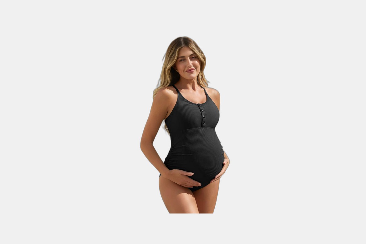 Summer Mae Elegant Ribbed Button Maternity One Piece Swimsuit